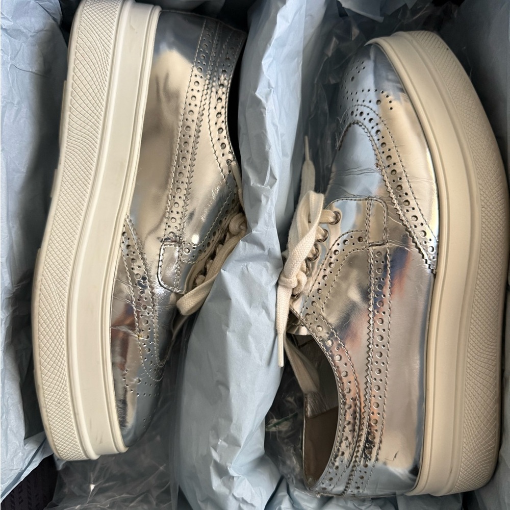 Prada Metallic Silver Brogue Platform Sneakers